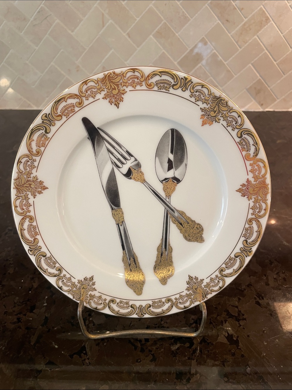 Gold-Trim White Decorative salad  Plate with Cutlery Motif
